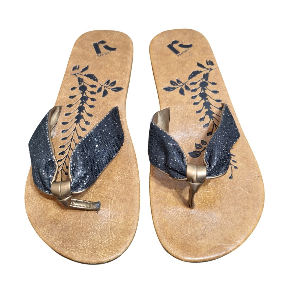 Report Ebben Womens 9 Flip Flop Sandals‎ Black Glitter Gold Knot Tan Floral Flat